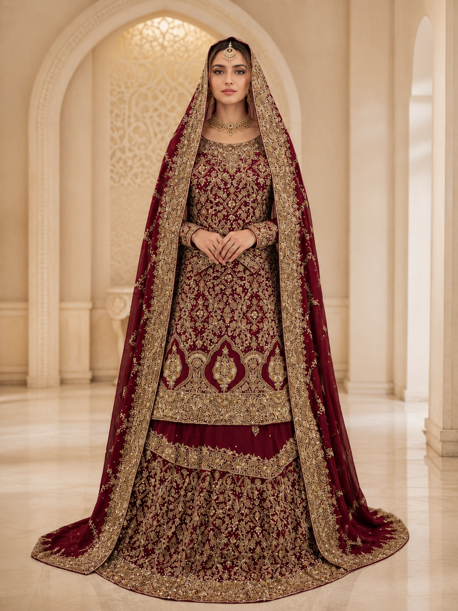 Regal Maroon Silk Bridal Farshi Lehenga with Heavy Handmade Kora Dabka Work
