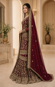 Classic Maroon Silk Bridal Farshi Lehenga with Floral Kora Dabka Work