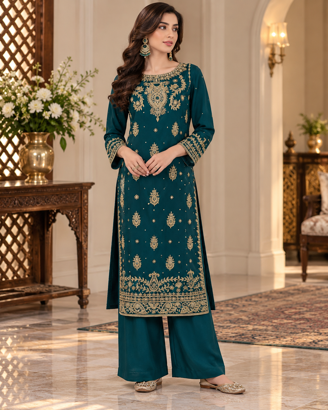 Emerald Teal Handmade Embellished 3-Piece Formal Suit – Ready to Wear