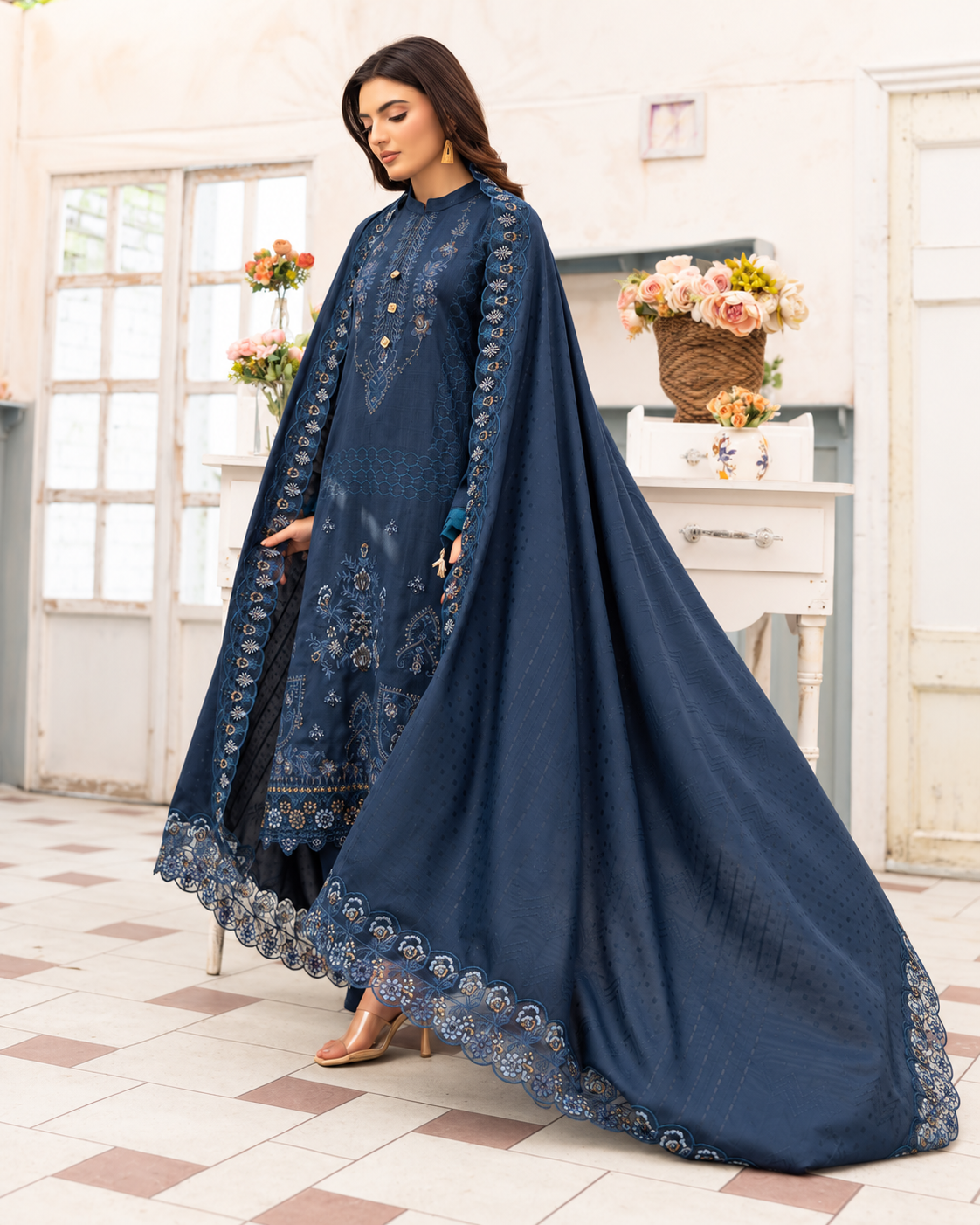 Shaista Festive Sami Peach Embroidered 3 Piece Suit with Full Embroidered Dupatta