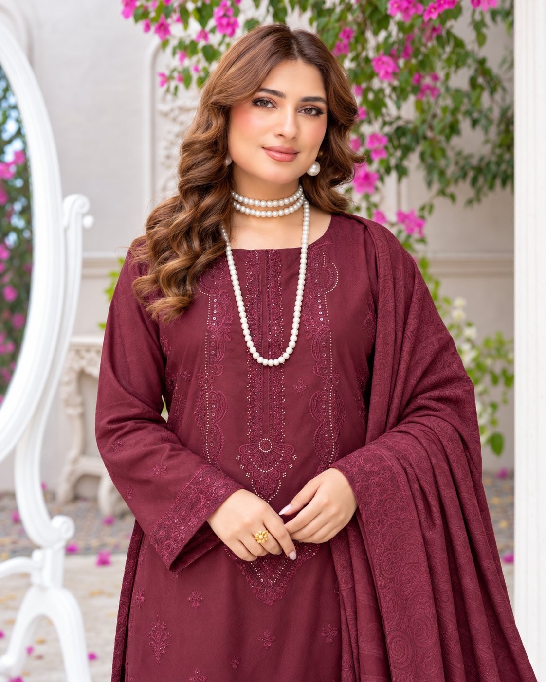Riaz Arts Musfirah Luxury Winter Embroidered Wool Touch Peach Suit