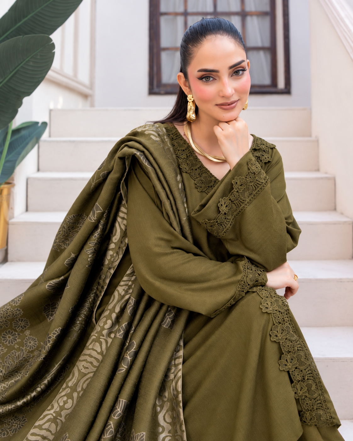 Riaz Arts Deedar Wool Touch Peach Suit with Banarsi Jacquard Wool Shawl