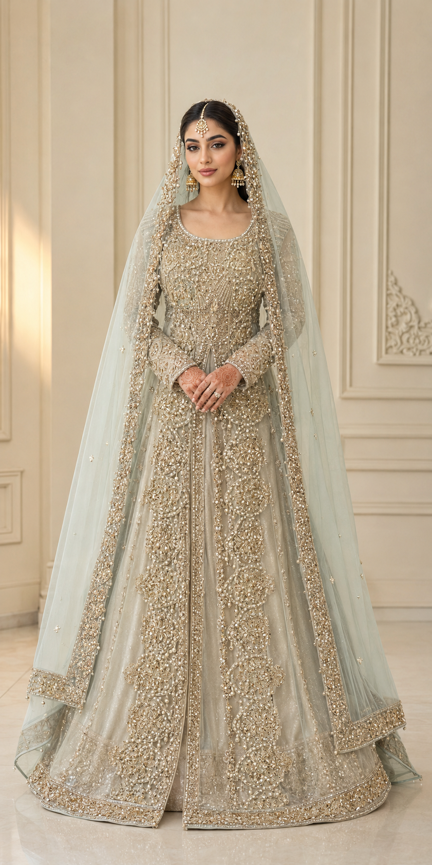 Light Mint Green Open-Style Cora Dabka Wedding Maxi – Ready to Wear