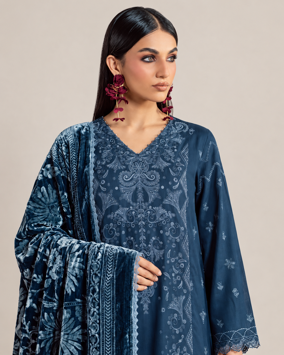 Riaz Arts Exclusive by Daria Embroidered Leather Peach Suit with Velvet Palachi Shawl