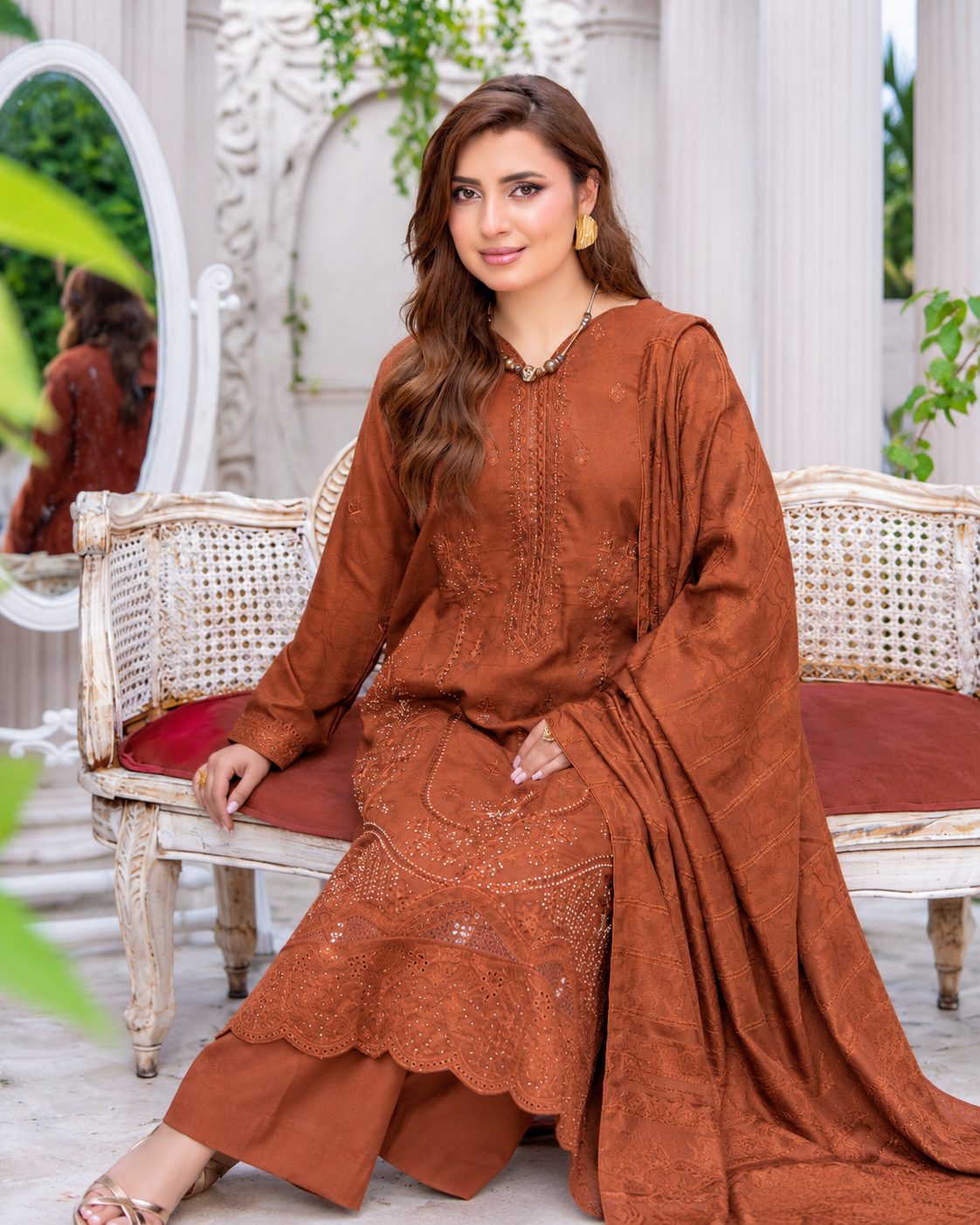 Riaz Arts Musfirah Luxury Winter Embroidered Wool Touch Peach Suit