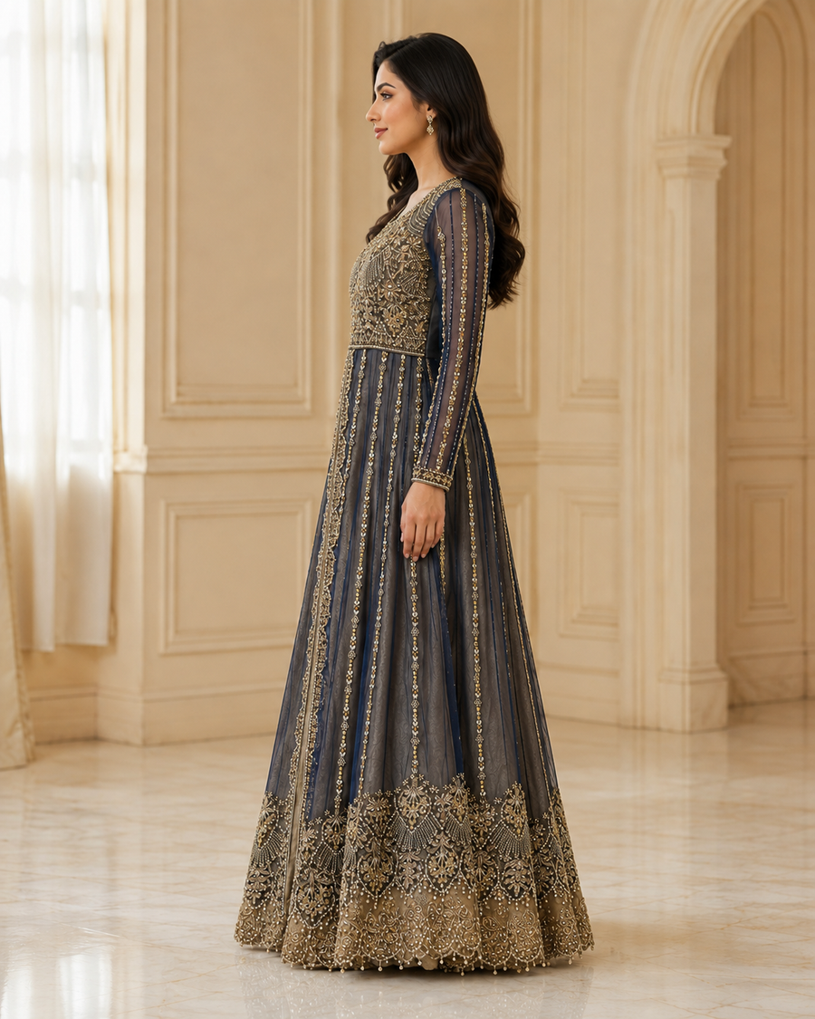 Navy Blue Open-Style Cora Dabka Maxi Dress for Wedding – Ready to Wear