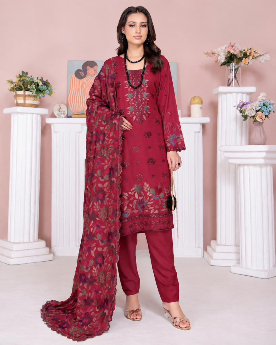 Riaz Arts Kamyar Luxury Winter Embroidered Wool Touch Peach Suit