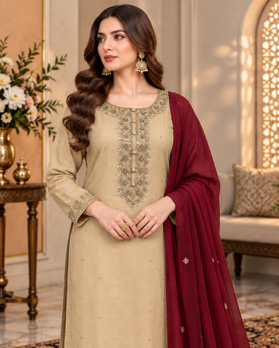 Champagne Beige Handmade Formal Dress with Maroon Dupatta – Ready to Wear