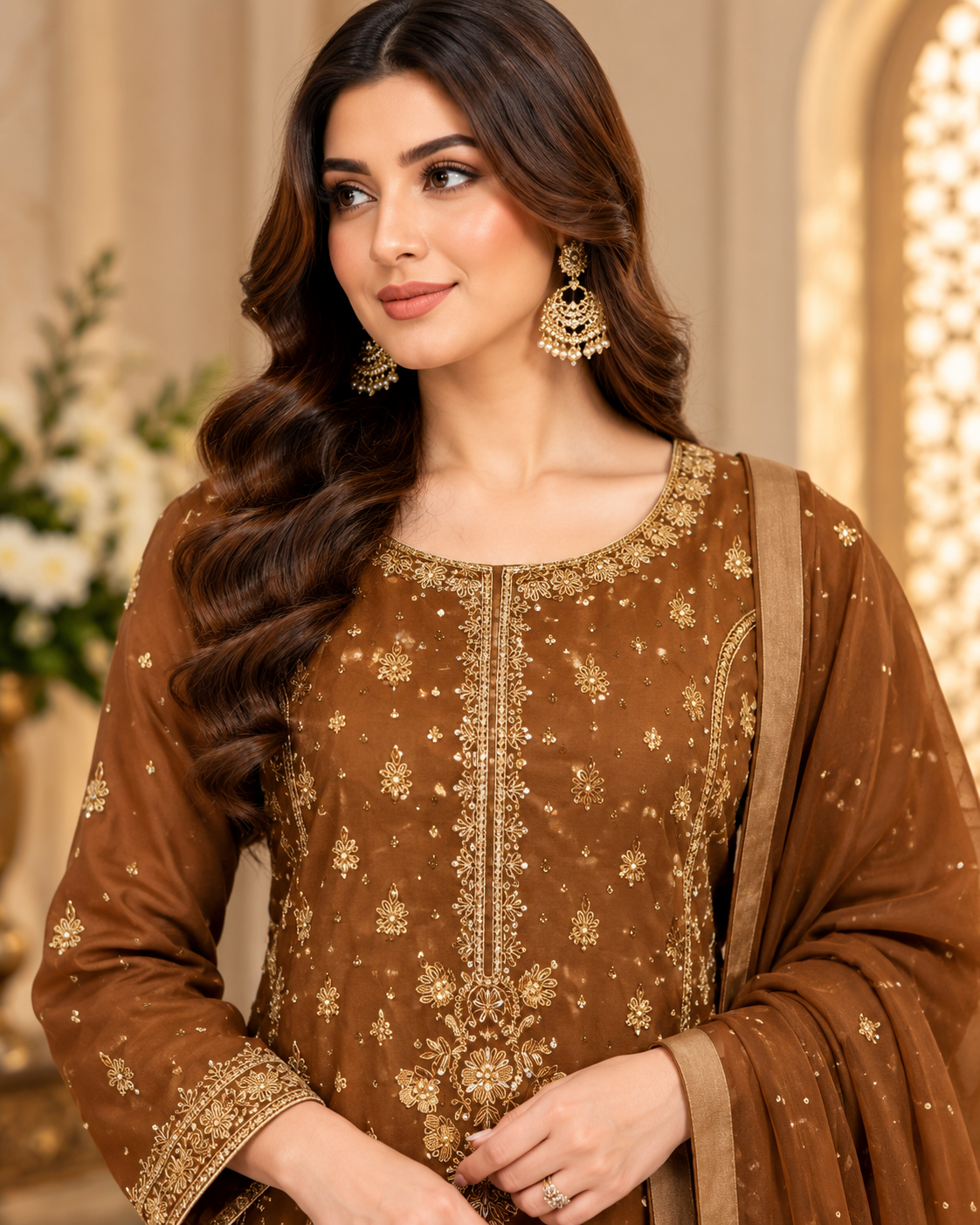 Mocha Brown Handworked 3-Piece Ready to Wear Formal Suit