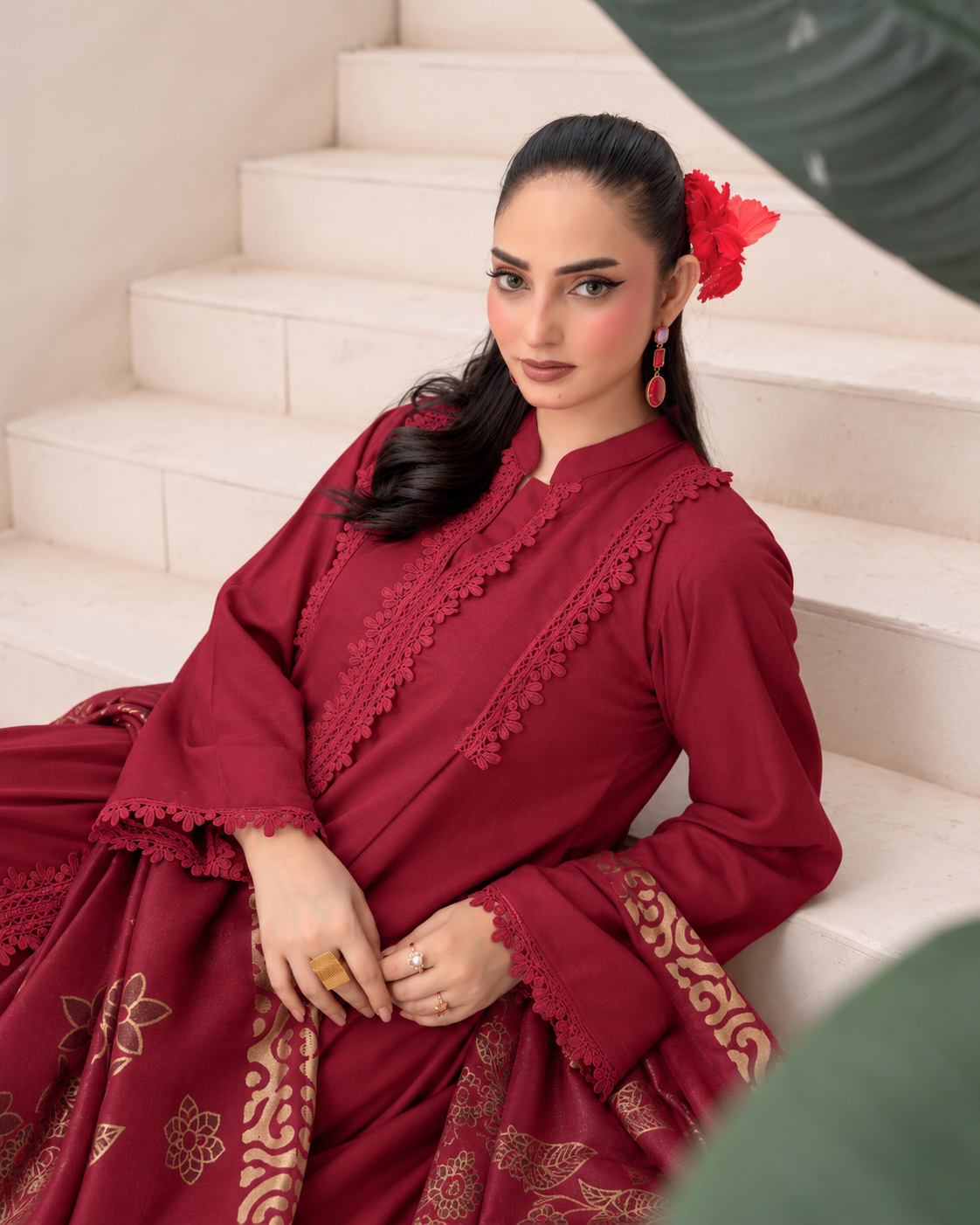 Riaz Arts Deedar Wool Touch Peach Suit with Banarsi Jacquard Wool Shawl