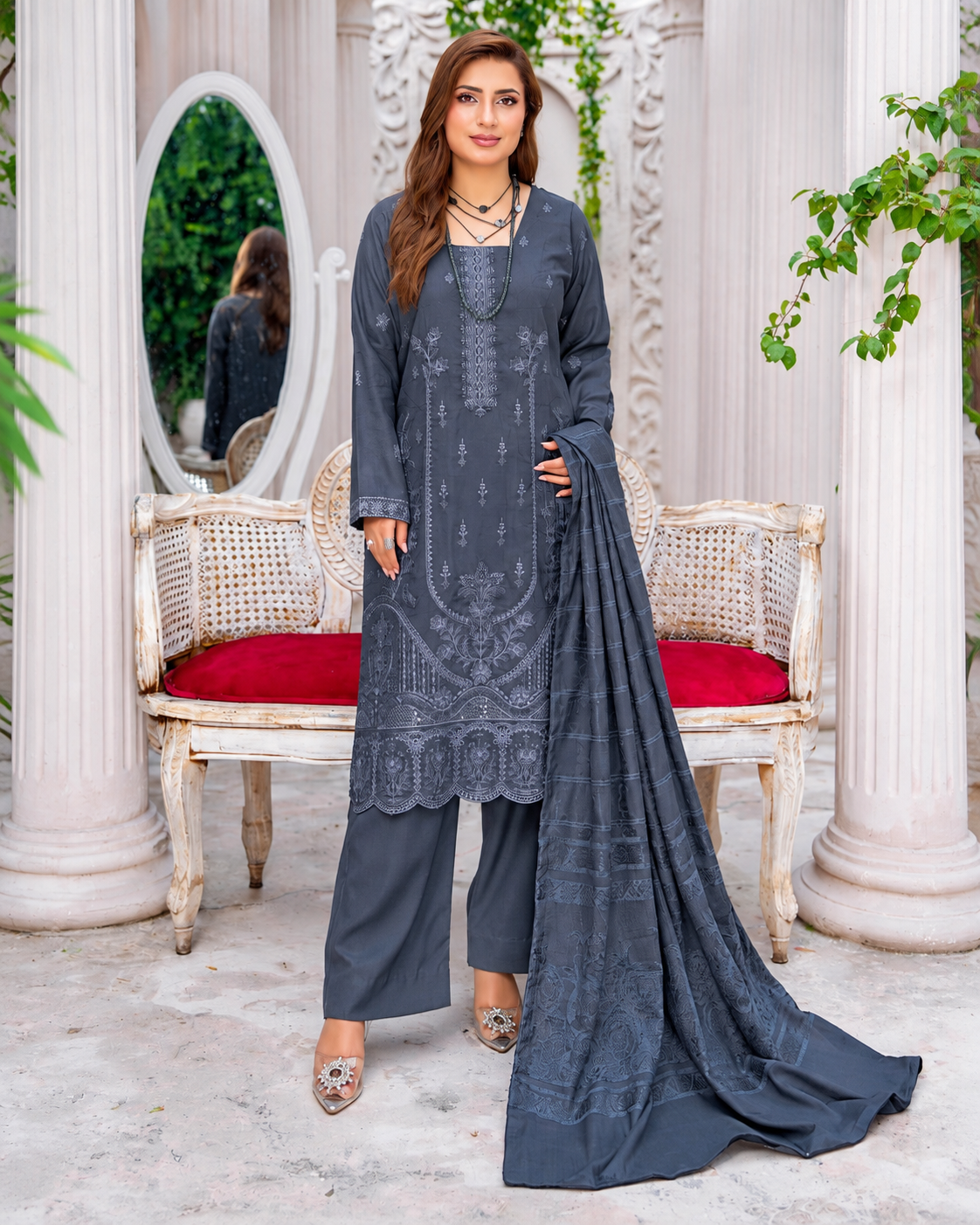 Riaz Arts Musfirah Luxury Winter Embroidered Wool Touch Peach Suit