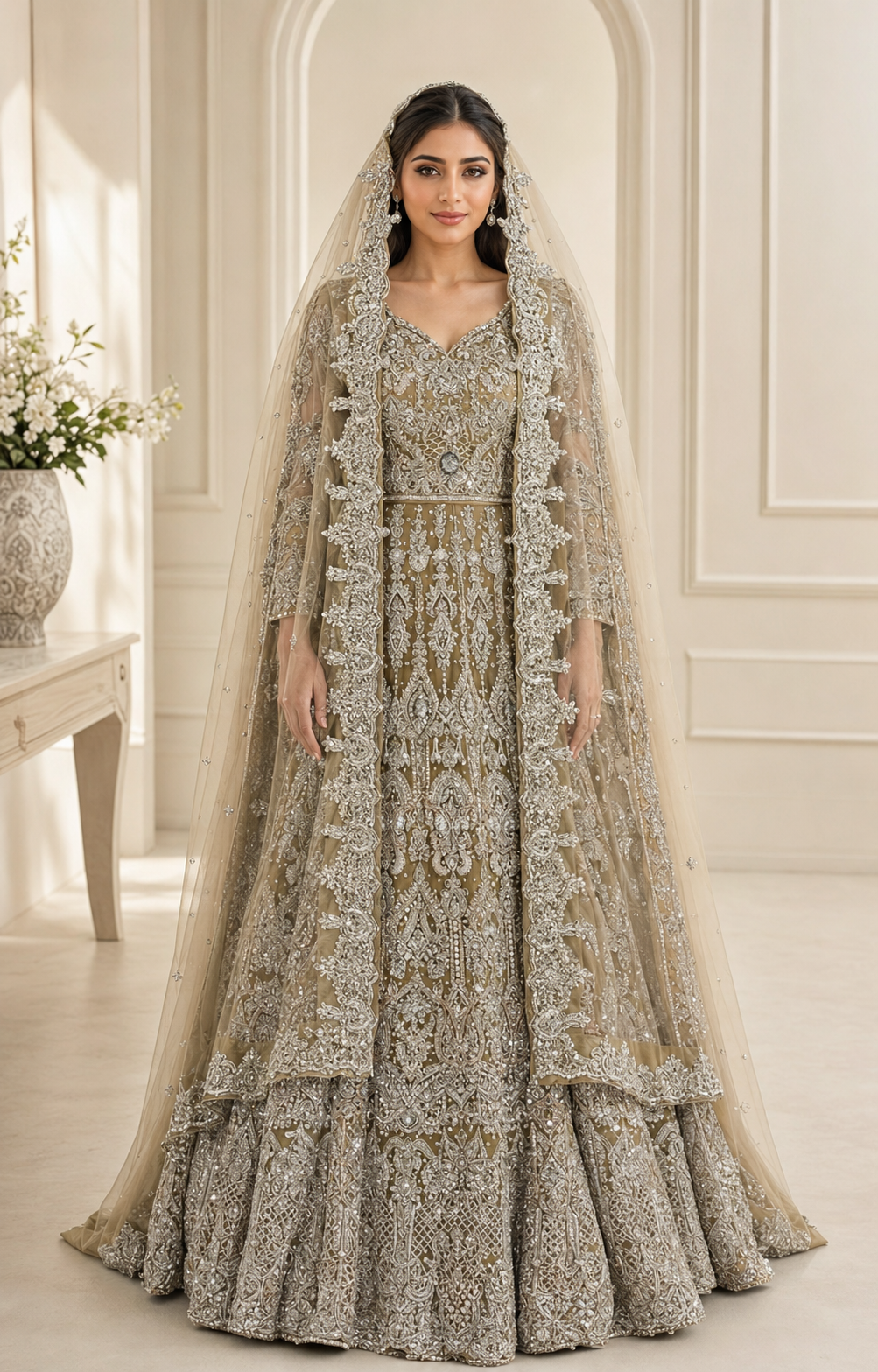Champagne Taupe Cora Dabka Tail Maxi Dress for Wedding – Ready to Wear