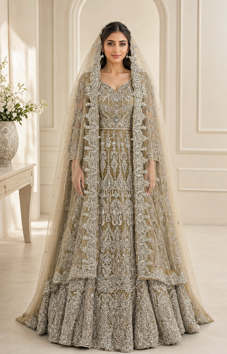 Champagne Taupe Cora Dabka Tail Maxi Dress for Wedding – Ready to Wear