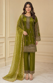 Olive Green Handmade Mehndi Dress Three-Piece Suit