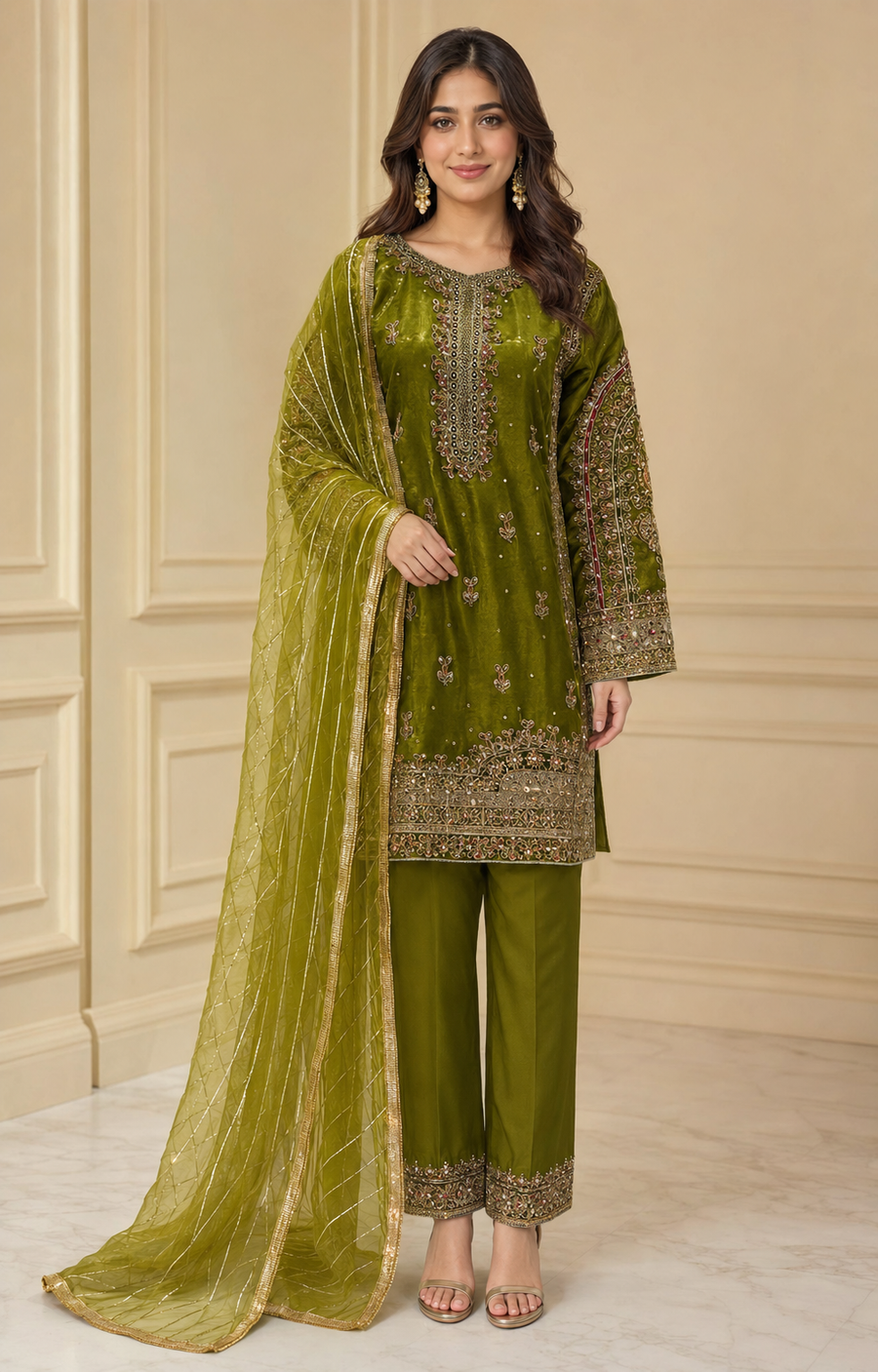 Olive Green Handmade Mehndi Dress Three-Piece Suit