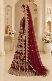 Classic Maroon Silk Bridal Farshi Lehenga with Floral Kora Dabka Work