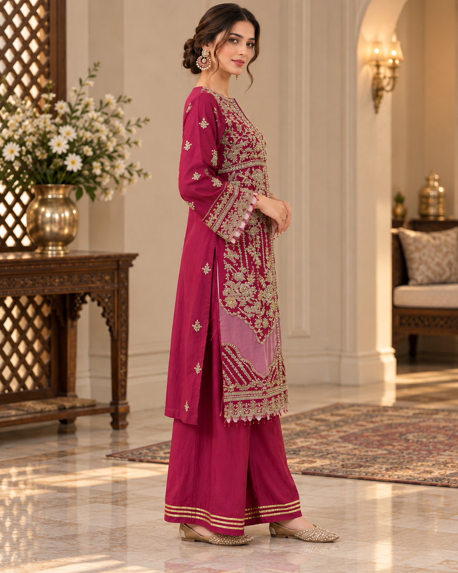 Allys Fuchsia Organza Open Shirt Formal Dress