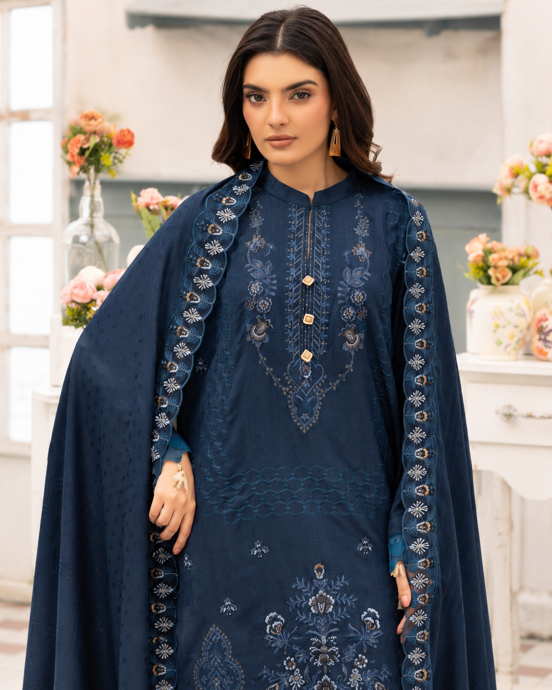 Shaista Festive Sami Peach Embroidered 3 Piece Suit with Full Embroidered Dupatta