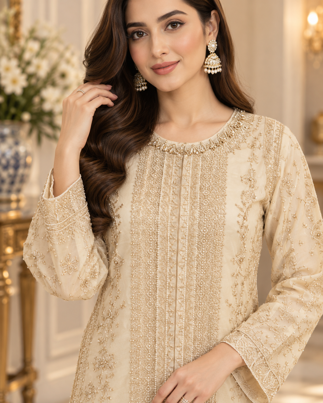Allys Ivory Organza Embroidered 3-Piece Luxury Formal Suit